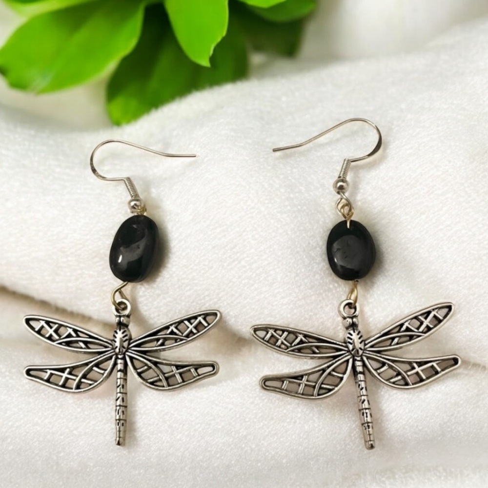 Black Onyx Beaded Dragonfly Earrings